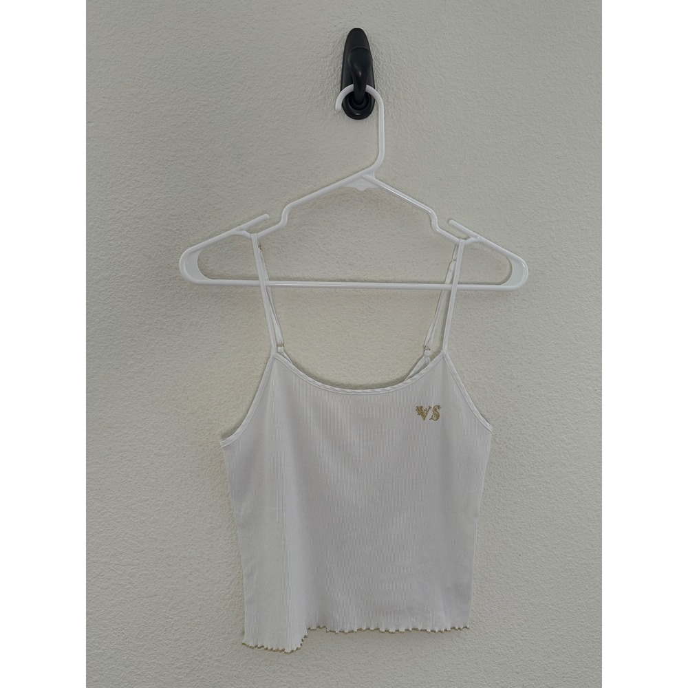 Victoria's Secret White Ribbed Cami Top Gold Lettuce Trim Y2K 90s Coquette S